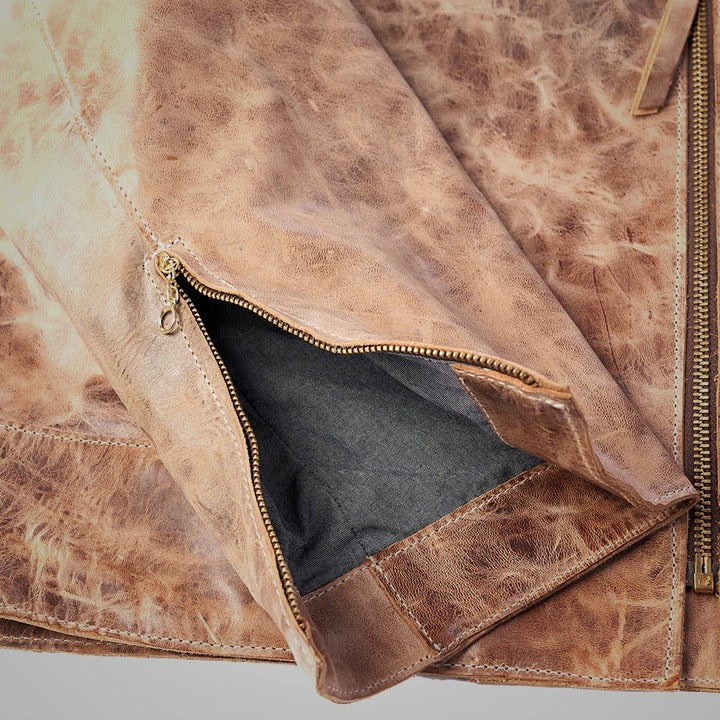 Hand-cut horsehide jacket with vintage distressed finish and beautiful Japanese chambray lining