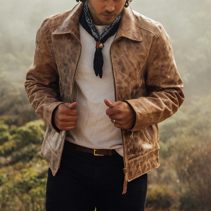 Vintage distressed brown jacket with 5oz indigo cotton chambray lining imported from Japan