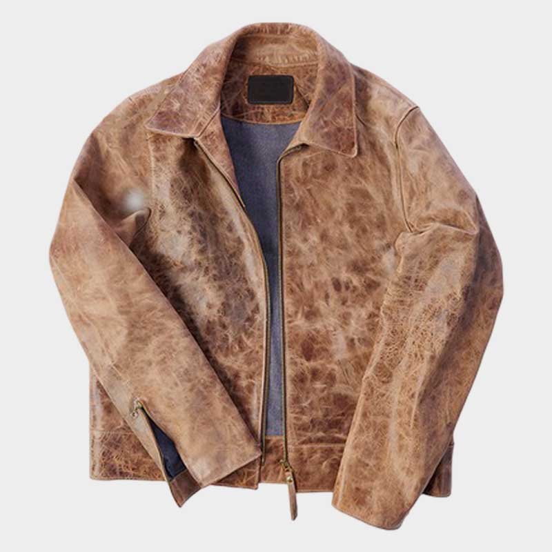 Men's brown vintage distressed real leather two pocket jacket with exclusive horsehide construction