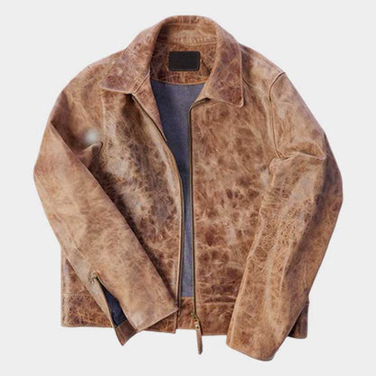 Men's brown vintage distressed real leather two pocket jacket with exclusive horsehide construction