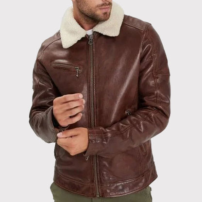 Brown Washed Lambskin Leather Jacket with Faux Fur Collar