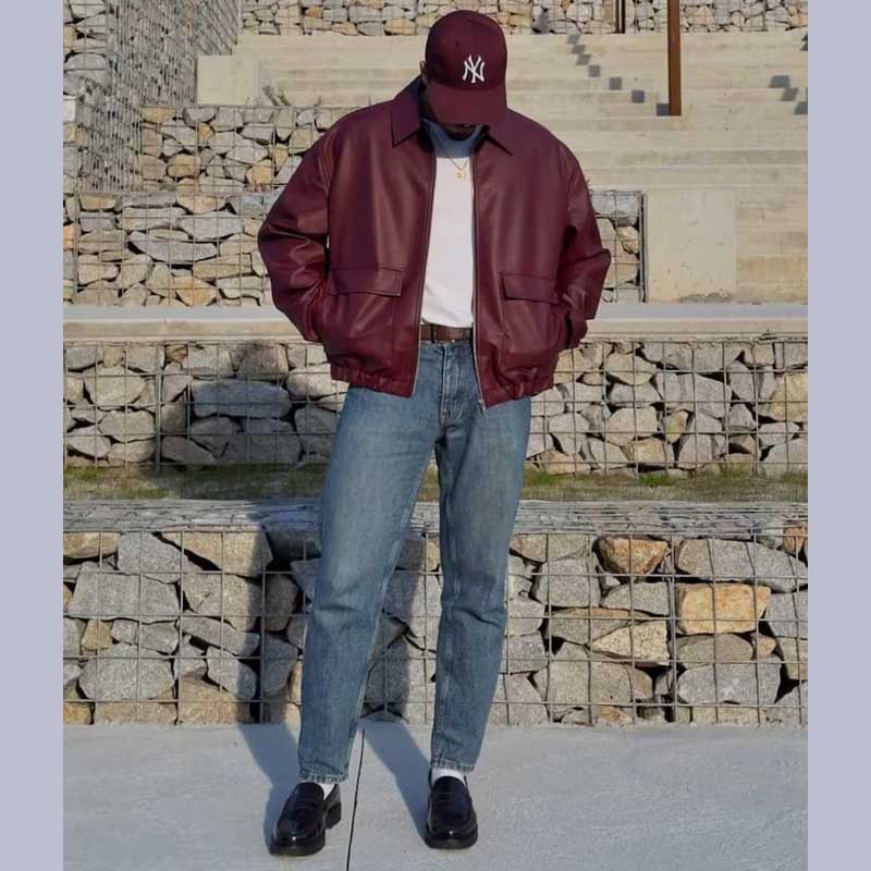 Men's Burgundy Genuine Lambskin Leather Bomber Jacket | Jackets Kingdom