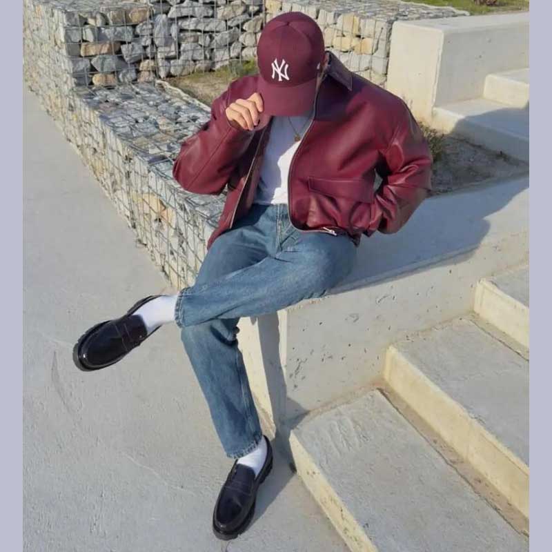 Premium Burgundy Leather Bomber Jacket with Ribbed Cuffs and Waistband | Jackets Kingdom
