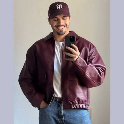 Handmade Men's Burgundy Lambskin Leather Bomber Jacket by Jackets Kingdom