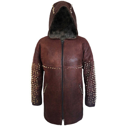 Men's Burgundy Leather Jacket - Metallic Studs, Back Zipper, Belted Stylish Long Coat