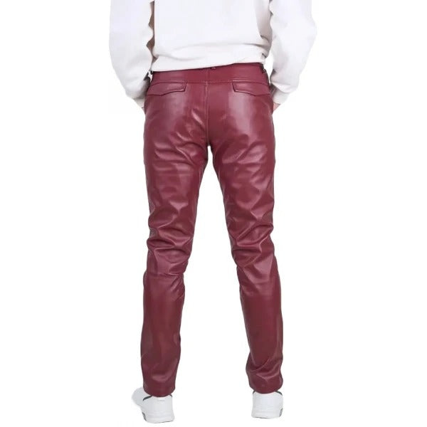 Men’s Burgundy Leather Trousers with Back Flap Pockets
