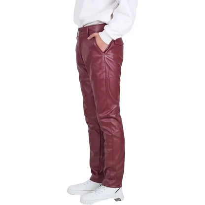 Men’s Burgundy Leather Trousers with Back Flap Pockets