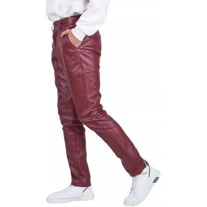 Men’s Burgundy Leather Trousers with Back Flap Pockets