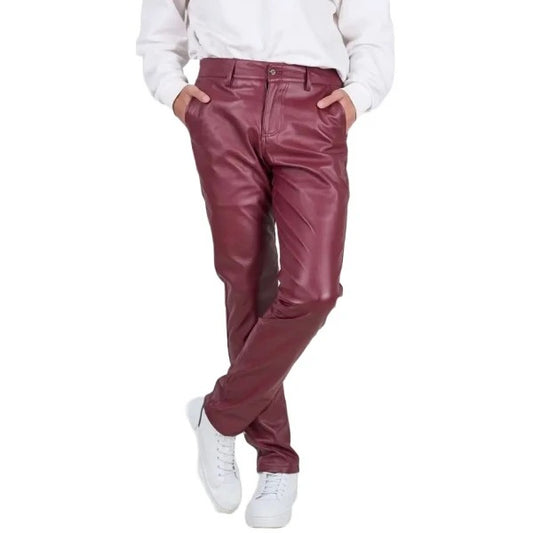 Men’s Burgundy Leather Trousers with Back Flap Pockets
