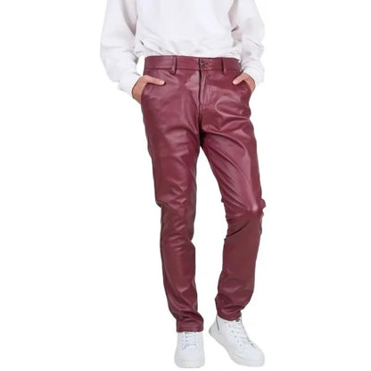 Men’s Burgundy Leather Trousers with Back Flap Pockets