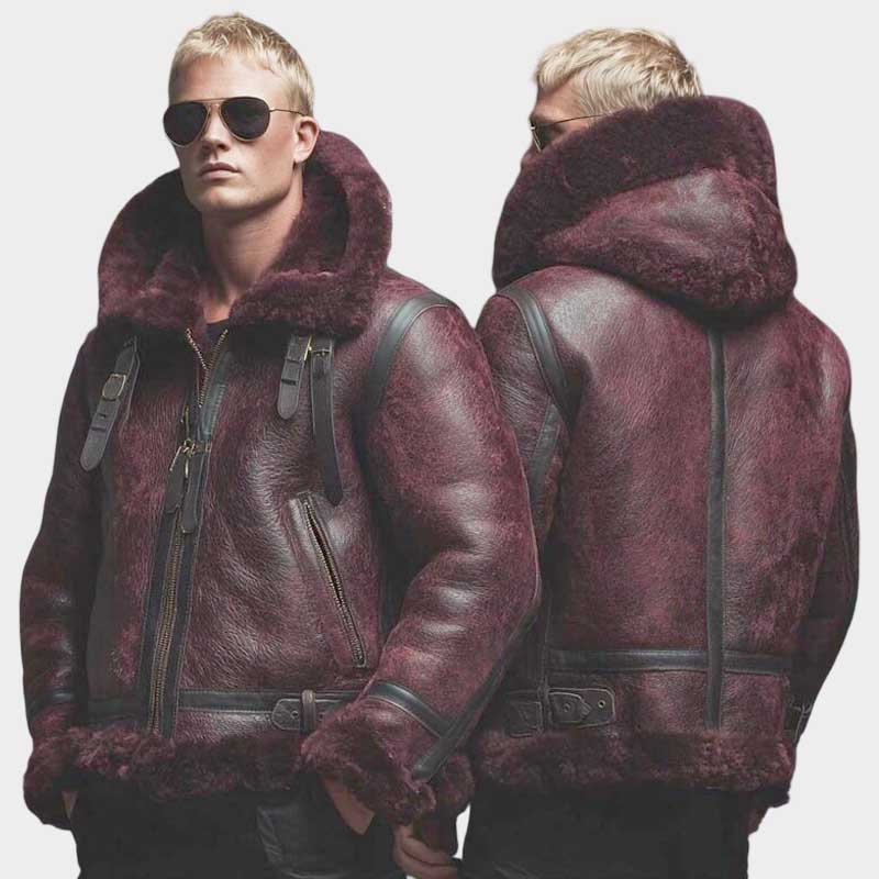 Men's burgundy shearling aviator jacket with stylish fur-trimmed hood and B3 design