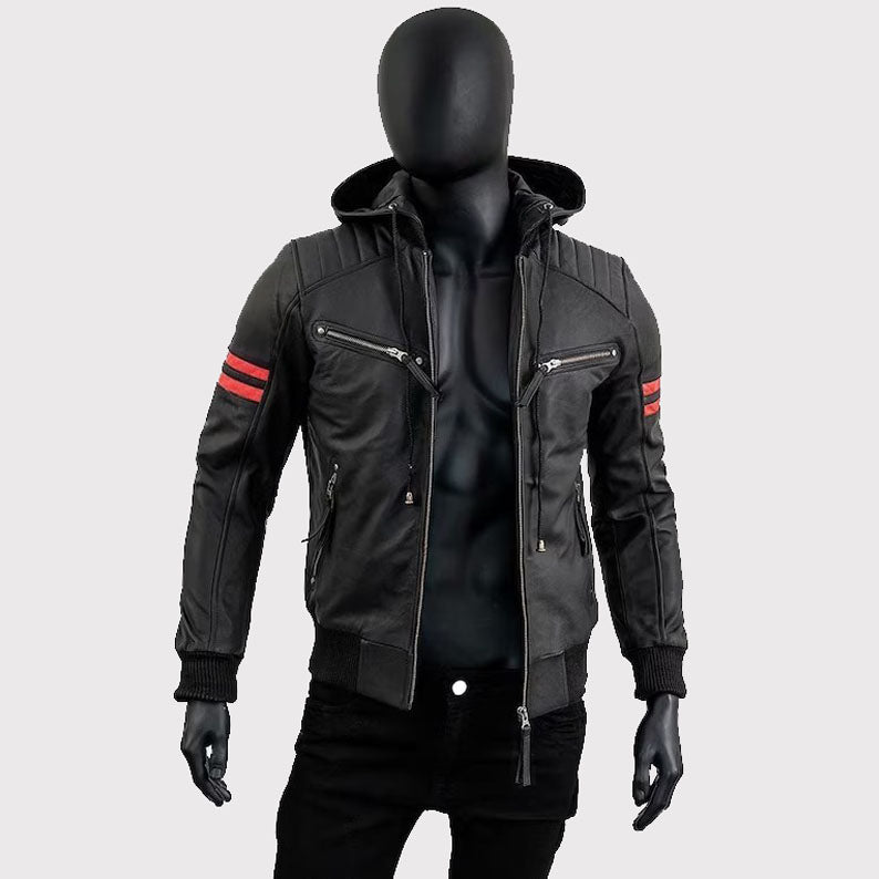 Men's Café Racer Motorcycle Black Leather Jacket with Removable Hood