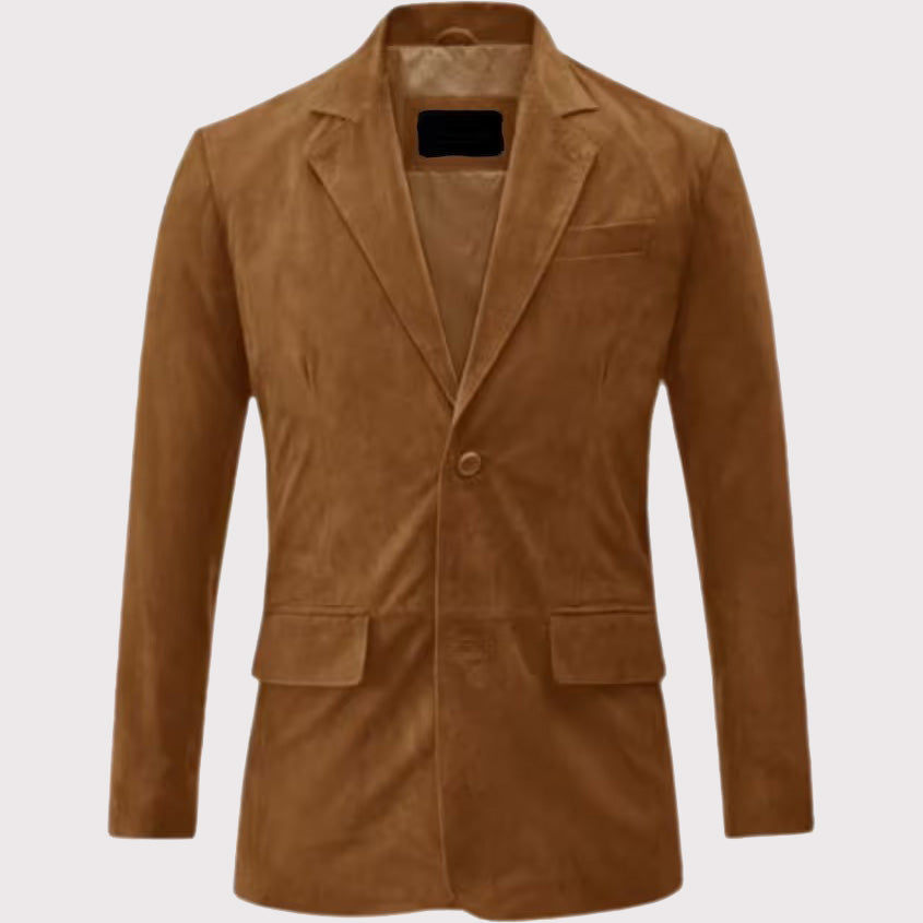 Men's Camel Brown Suede Leather Blazer Coat