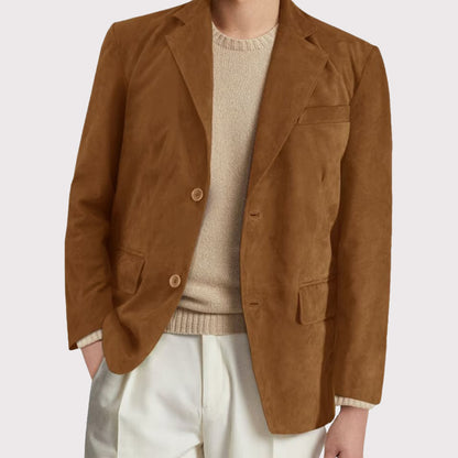 Camel Brown Suede Leather Blazer Coat