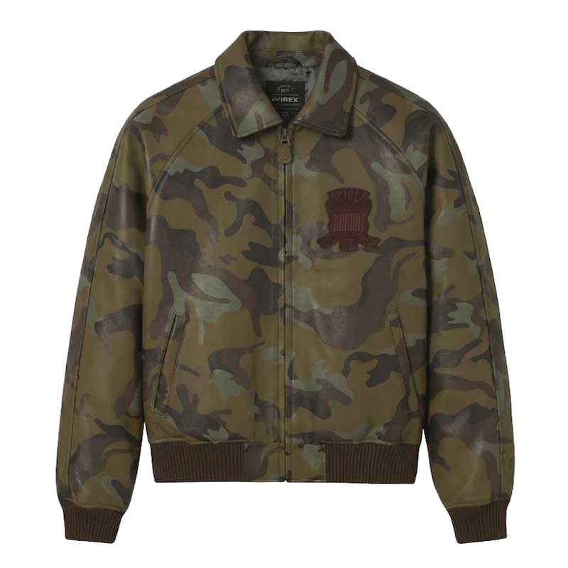 Camo leather bomber jacket with front zipper closure