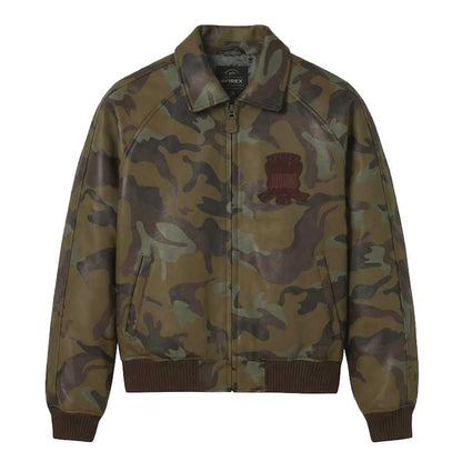 Camo leather bomber jacket with front zipper closure