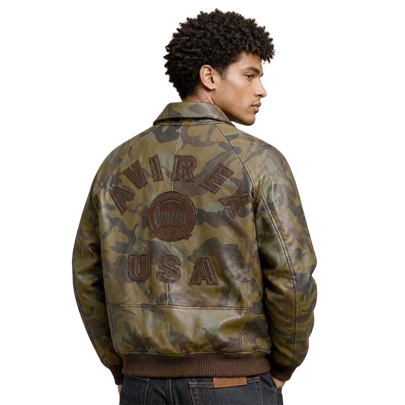 Men’s camouflage leather flight jacket featuring a classic bomber silhouette