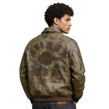 Men’s camouflage leather flight jacket featuring a classic bomber silhouette