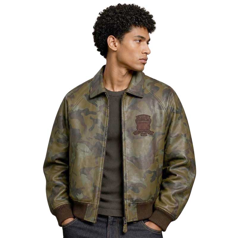 Men’s camo leather bomber jacket with military-inspired camouflage design