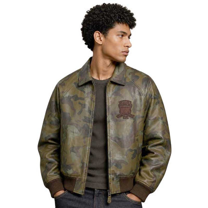 Men’s camo leather bomber jacket with military-inspired camouflage design