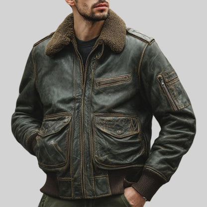 Men’s charcoal black distressed cowhide aviator leather jacket
