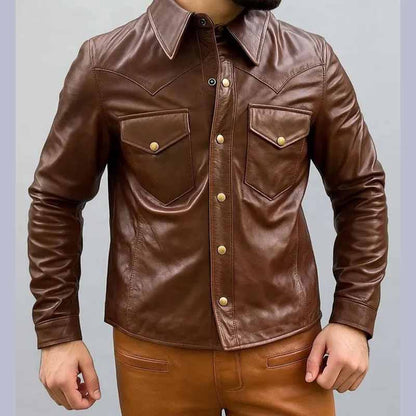Men's Chocolate Lambskin Biker Shirt in Genuine Leather by Jackets Kingdom