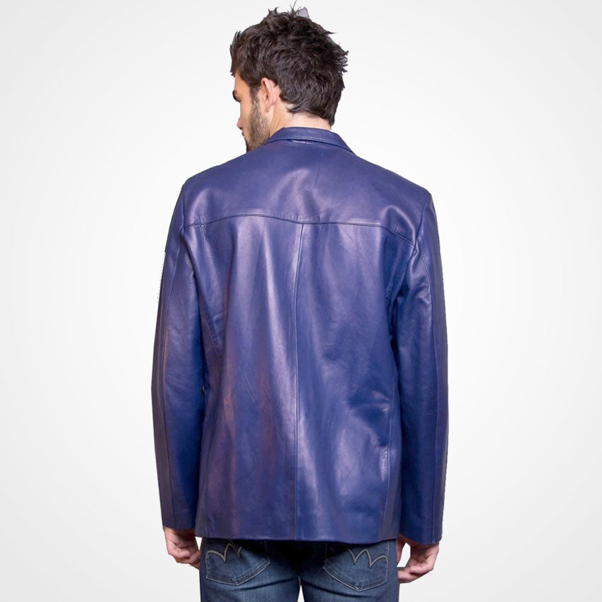 Men's Classic Blue Leather Blazer Jacket