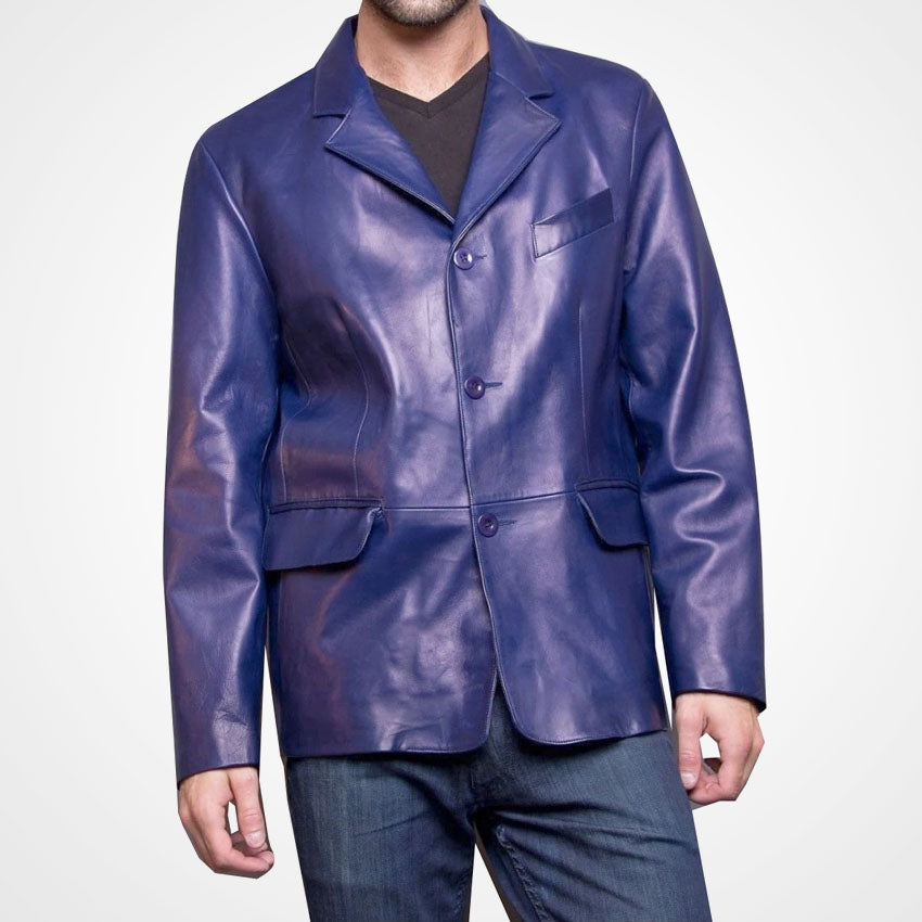 Men's Classic Blue Leather Blazer Jacket