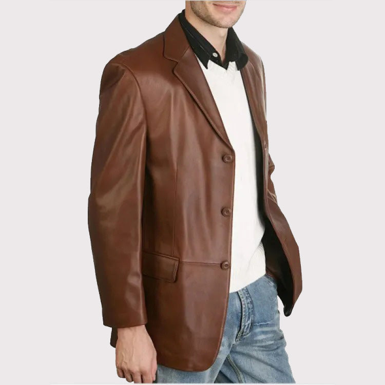 Classic Brown Leather Blazer with Three Buttons for Men