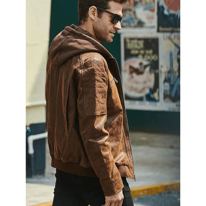 Men's Classy Suede Leather Jacket with Detachable Hood