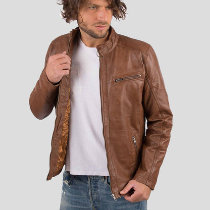 Men's Cognac Genuine Sheep Leather Biker Jacket
