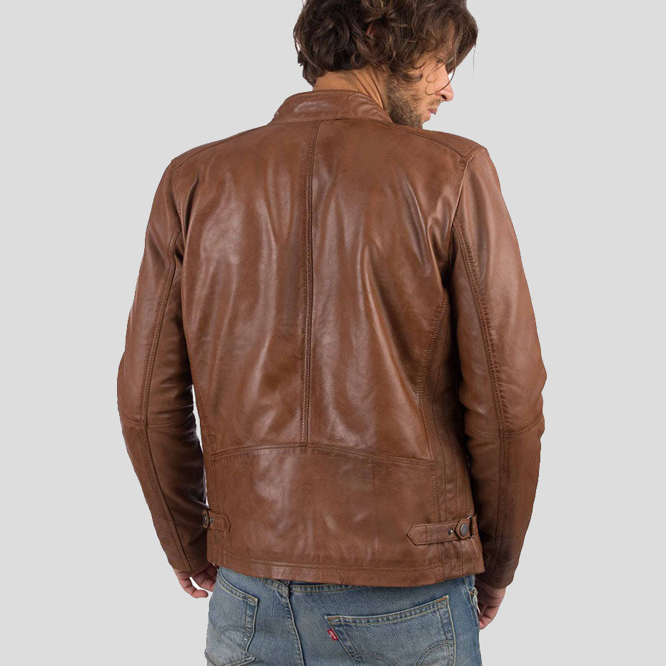 Men's Cognac Genuine Sheep Leather Biker Jacket