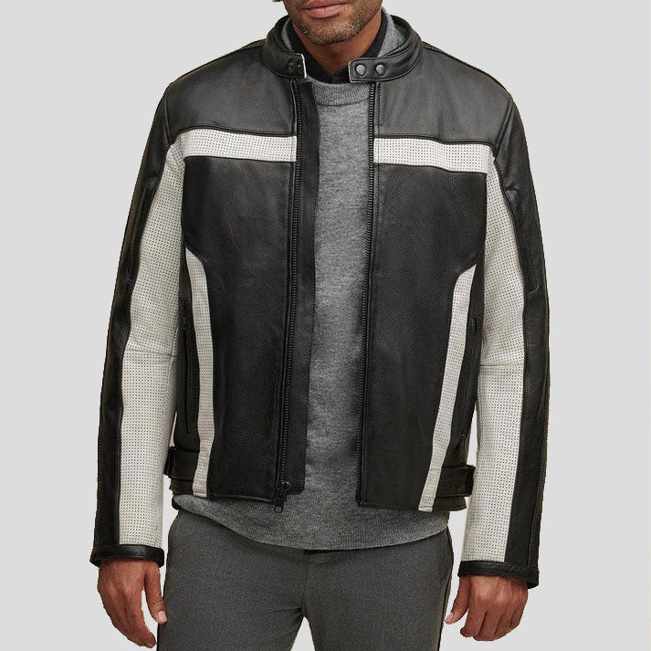Men's Color Blocked Biker Jacket - Genuine Leather, Stylish Design