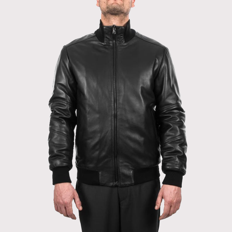 Men's Comfortable Fit Black Lambskin Leather Bomber Jacket