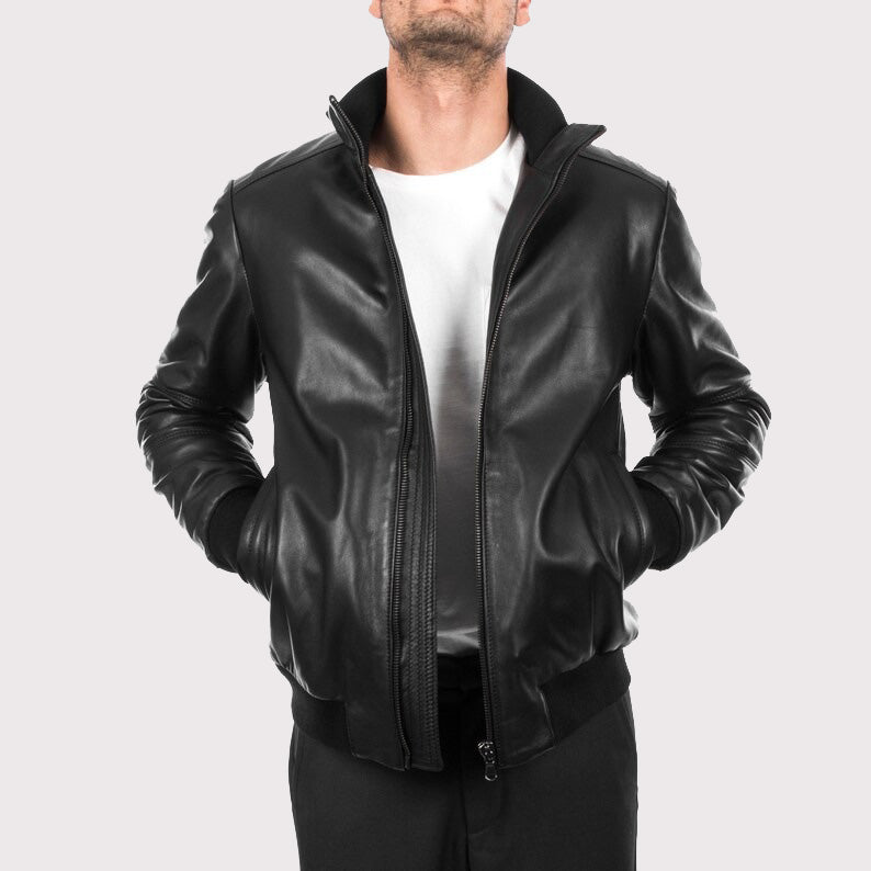 Comfortable Fit Black Lambskin Leather Bomber Jacket
