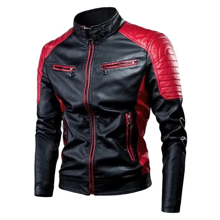 mens cowhide leather cafe racer jacket in black red