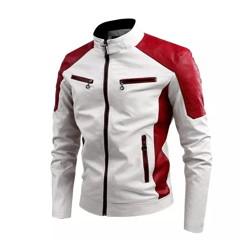 mens cowhide leather cafe racer jacket in white red