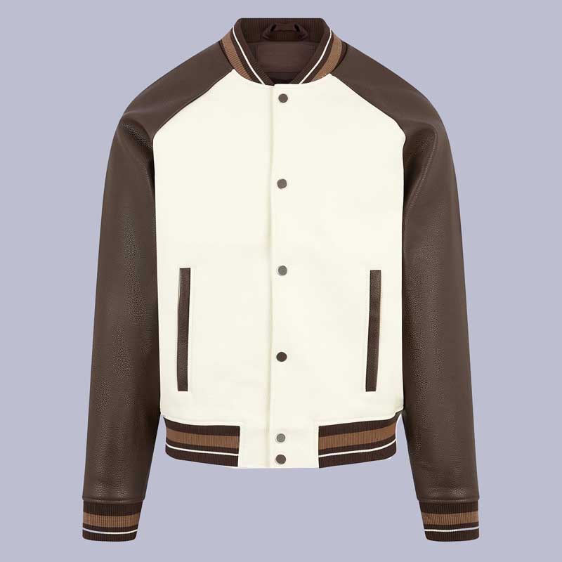 Front View of Men's Cream Brown Vegan Leather Bomber Jacket with Contrast Raglan Sleeves | Jackets Kingdom