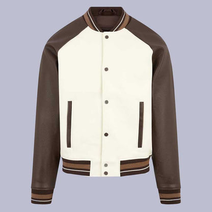 Front View of Men's Cream Brown Vegan Leather Bomber Jacket with Contrast Raglan Sleeves | Jackets Kingdom