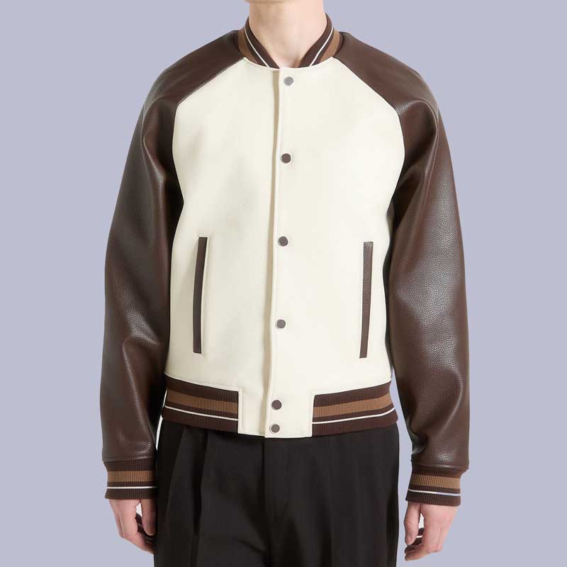 Men's Cream Brown Contrast Leather Bomber Jacket by Jackets Kingdom
