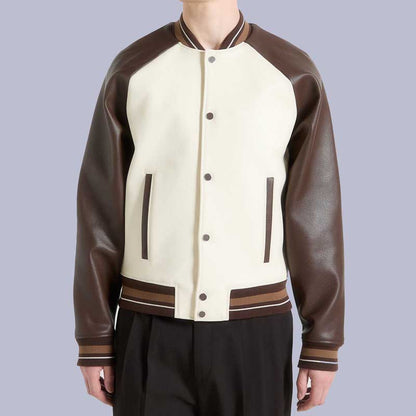 Men's Cream Brown Contrast Leather Bomber Jacket by Jackets Kingdom