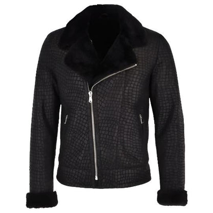 Mens Crocodile Print Sheepskin Coat in Black