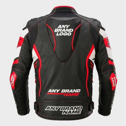 Back view of Men's Custom Cowhide Motorcycle Racing Leather Jacket showing removable safety hump and safety stitch seam detail by Jackets Kingdom