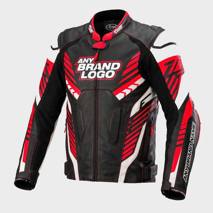 Front view of Men's Custom Cowhide Motorcycle Racing Leather Jacket with CE Armor and Removable Hump showing full YKK zip closure and race fit design by Jackets Kingdom