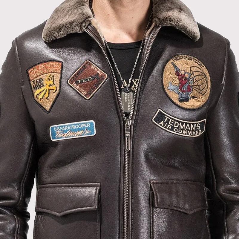 Men's Dark Brown Sheepskin Military Jacket Aviator Coat