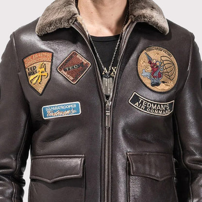 Men's Dark Brown Sheepskin Military Jacket Aviator Coat
