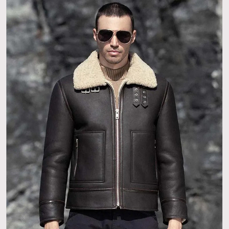 Men's Dark Brown Sheepskin Leather Shearling Motorcycle Jacket