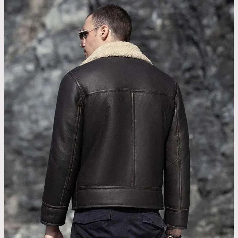 Men's Dark Brown Sheepskin Leather Shearling Motorcycle Jacket
