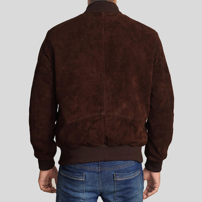 Men's Dark Brown Suede Leather Bomber Jacket - Classic