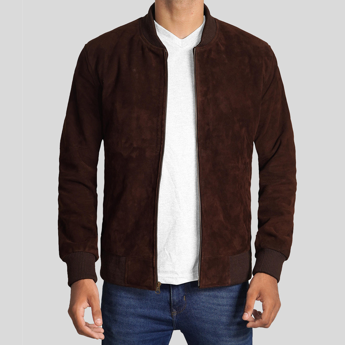 Men's Dark Brown Suede Leather Bomber Jacket - Classic